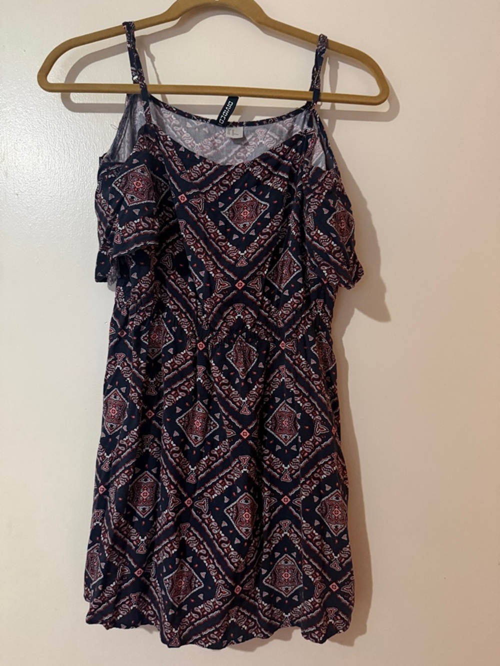 Divided Navy and Burgundy Printed Off-Shoulder Mini Dress